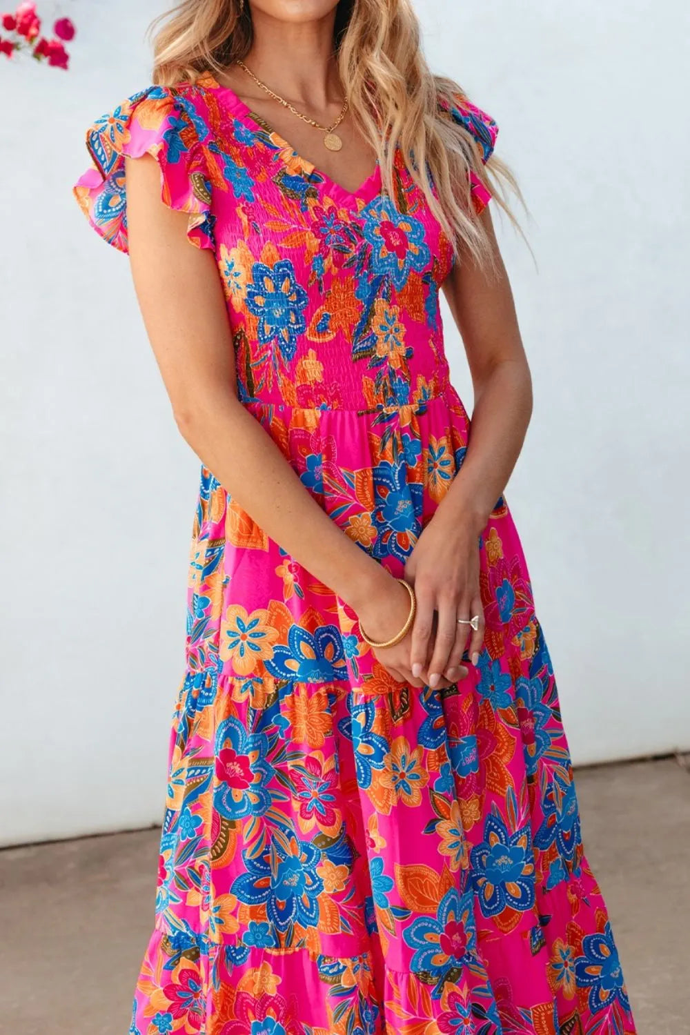 Image of Boho Floral V Neck Ruffle Tiered Dress | Queeble.shop