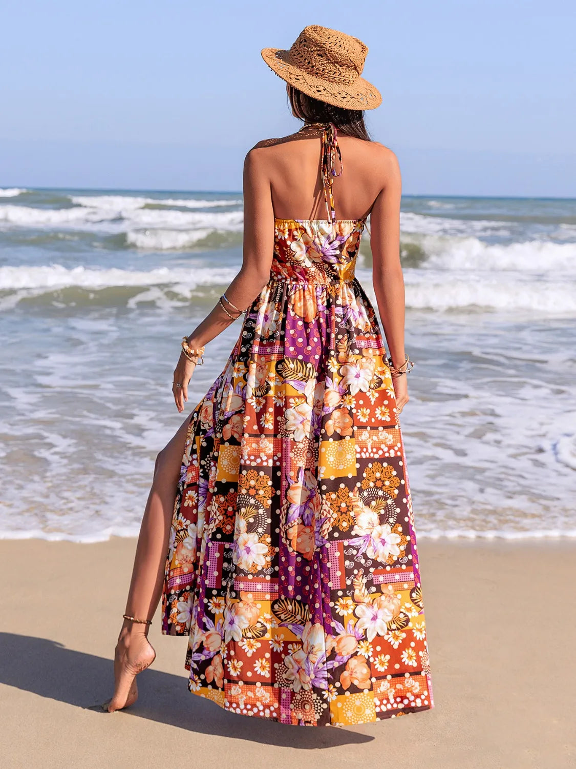 Image of Slit Printed Halter Neck Cami Dress | Queeble.shop