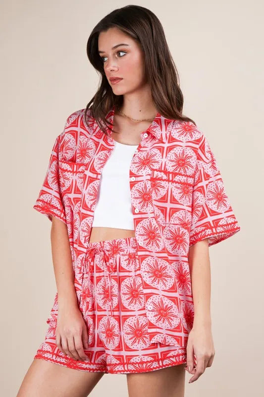 Image of VERY J Full Size Tropical Printed Shirt Top and Shorts Set Plus Size | Queeble.shop