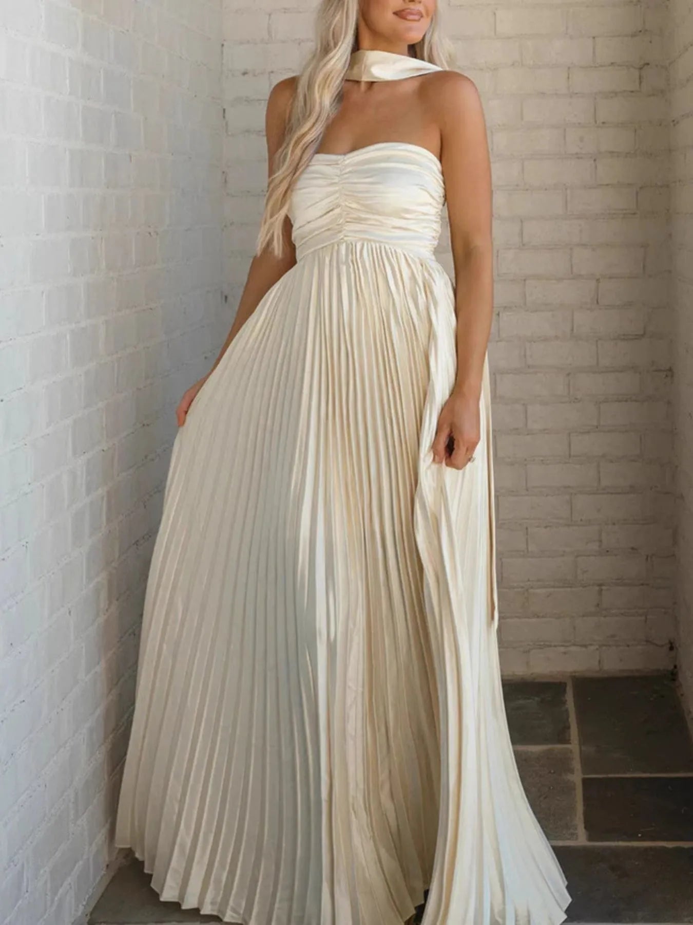 Image of Ruched Pleated Tube Maxi Dress | Queeble.shop