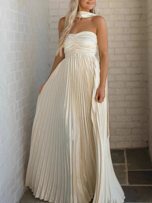 Image of Ruched Pleated Tube Maxi Dress | Queeble.shop