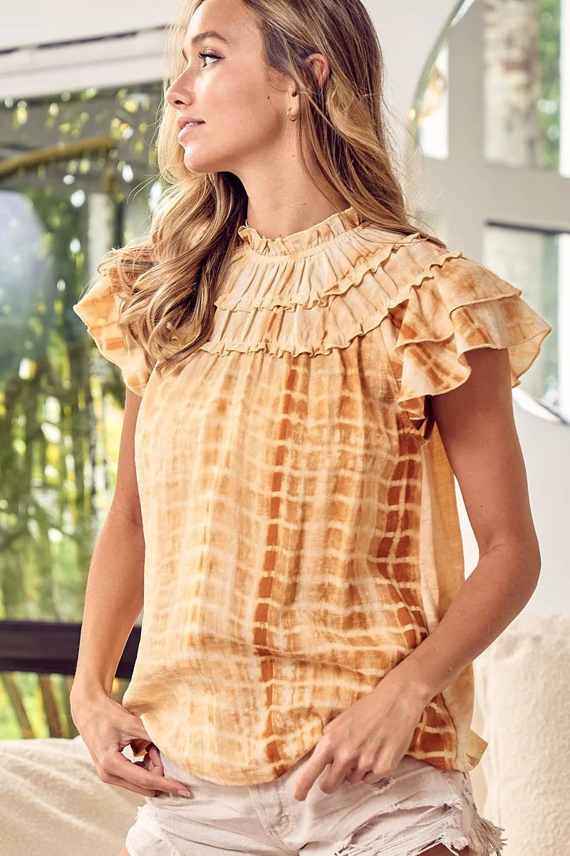 Image of BiBi Tiered Ruffle Neck Tie Dye Top | Queeble.shop