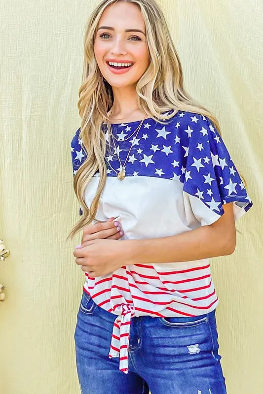 Image of And The Why American Flag Print Tie Knot Front Casual Top | Queeble.shop