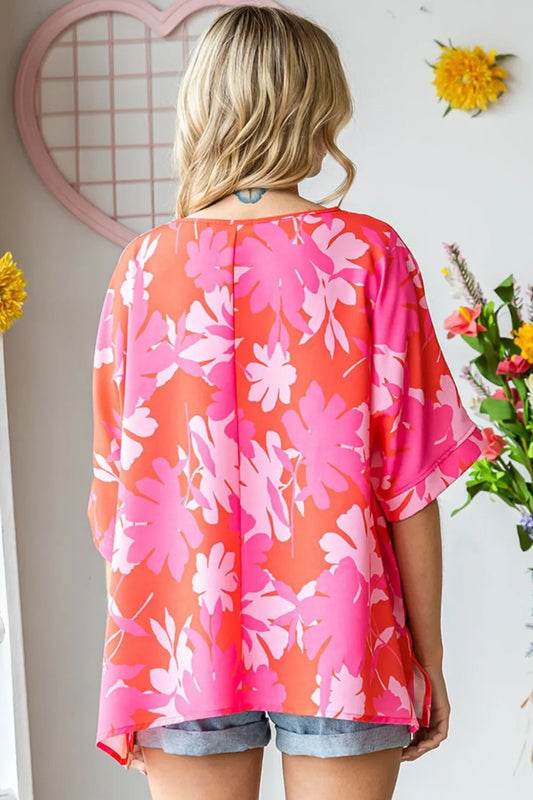 Image of First Love Slit Printed Round Neck Half Sleeve Blouse | Queeble.shop