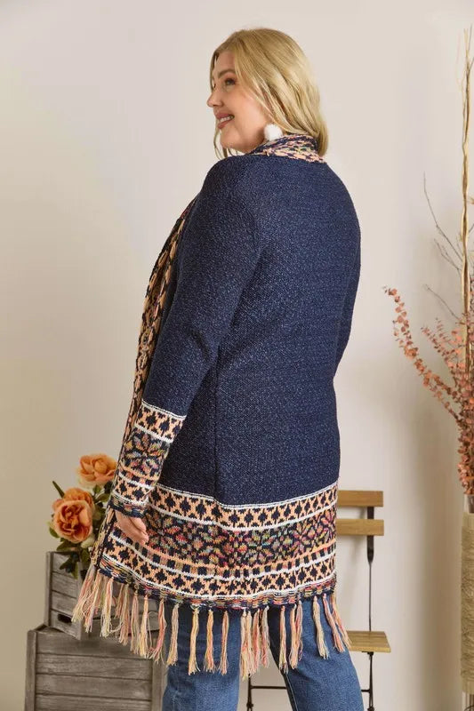 Image of ADORA Full Size Fringe Hem Aztec Border Cardigan Plus Size | Queeble.shop