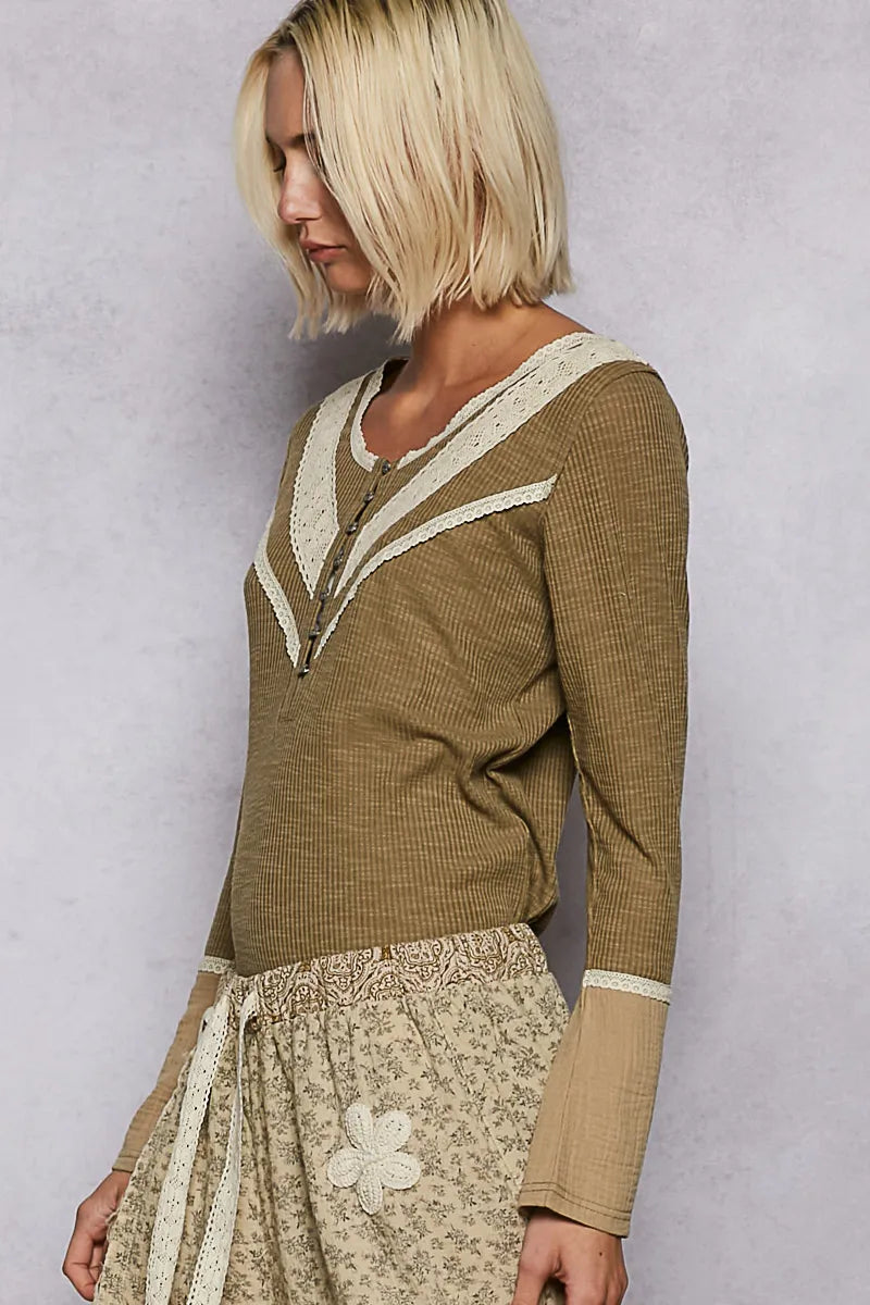 Image of POL Ribbed Half Button Lace Detail Knit Top | Queeble.shop