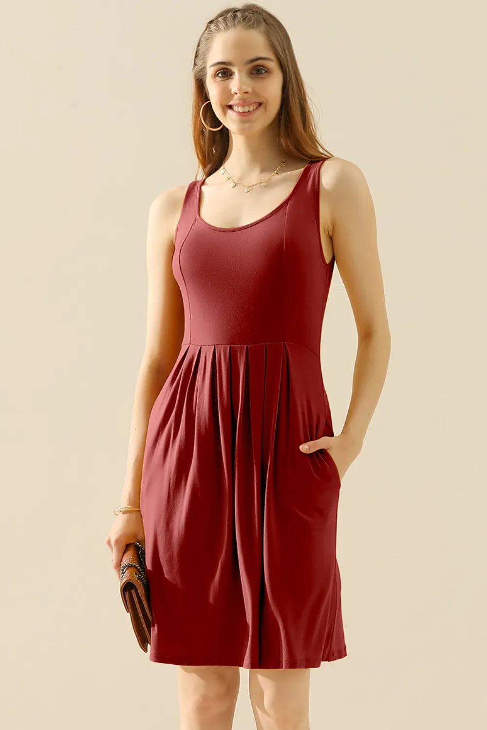 Image of Doublju Full Size Round Neck Ruched Sleeveless Dress with Pockets | Queeble.shop