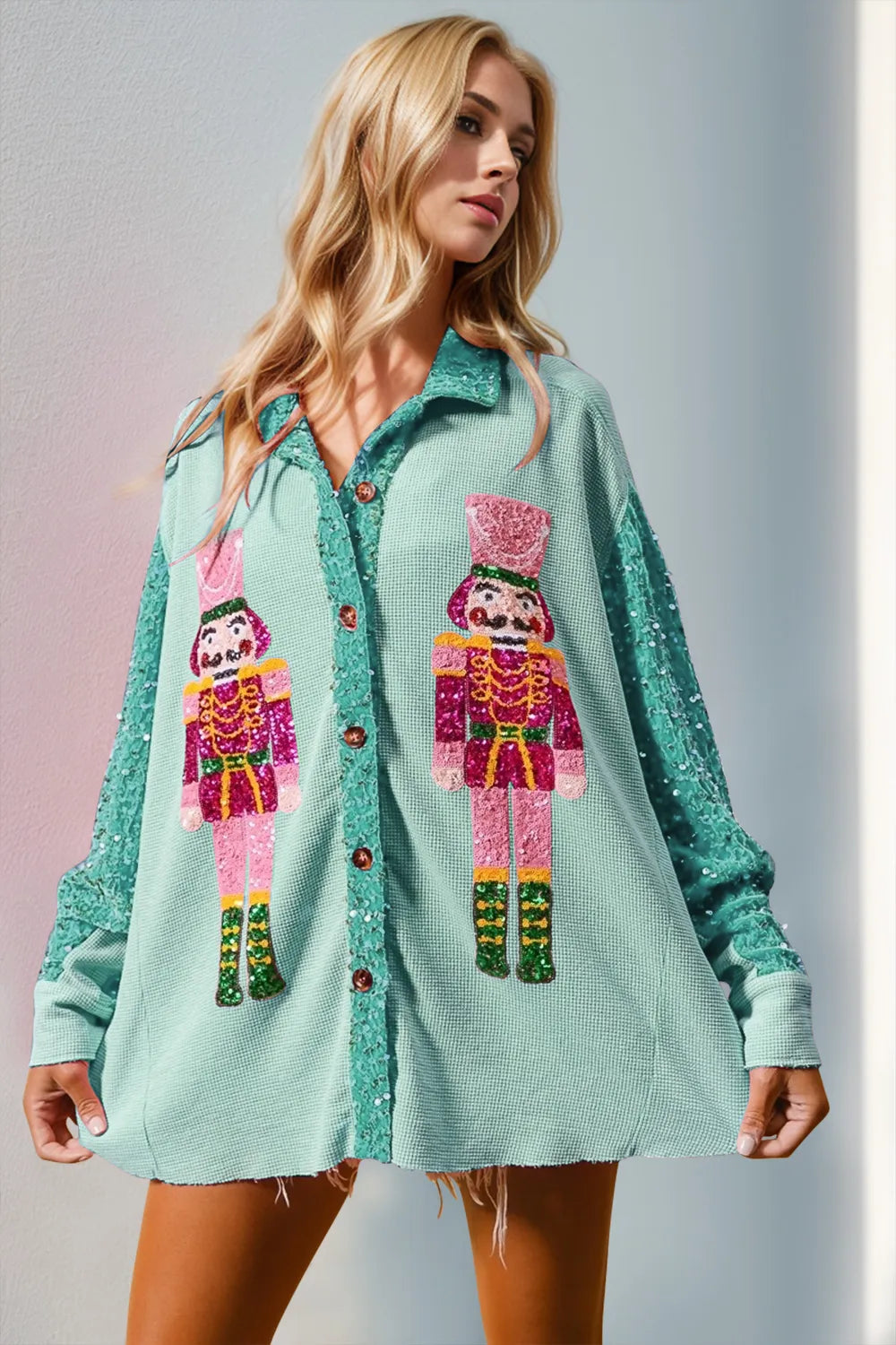 Image of Double Take Sequin Nutcracker Button Up Shirt | Queeble.shop