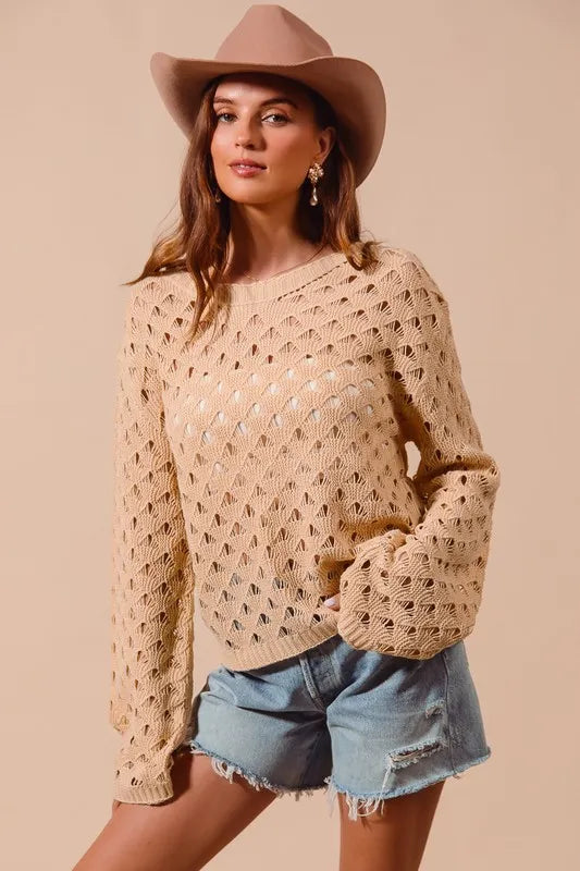 Image of SO ME Geometric Pattern Open Knit Lightweight Sweater | Queeble.shop