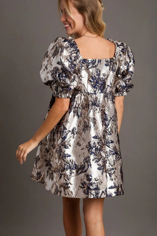 Image of Umgee Metallic Jacquard Puff Sleeve Dress | Queeble.shop
