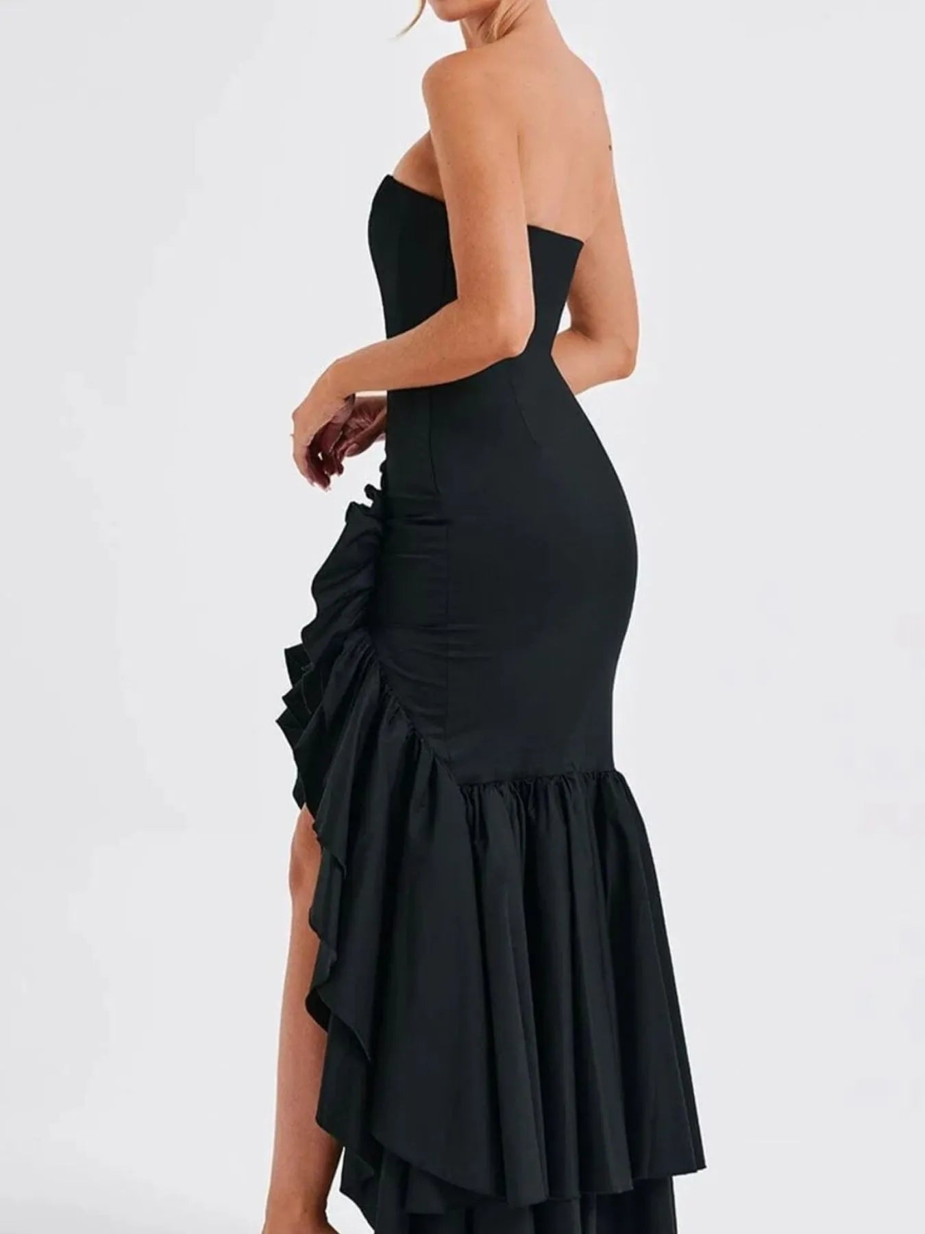 Image of Strapless Ruffle High-Low Bodycon Dress | Queeble.shop