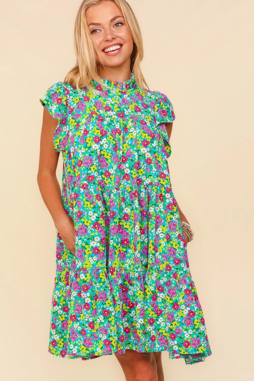 Image of Haptics Frilled Mock Neck Ditsy Floral Dress | Queeble.shop