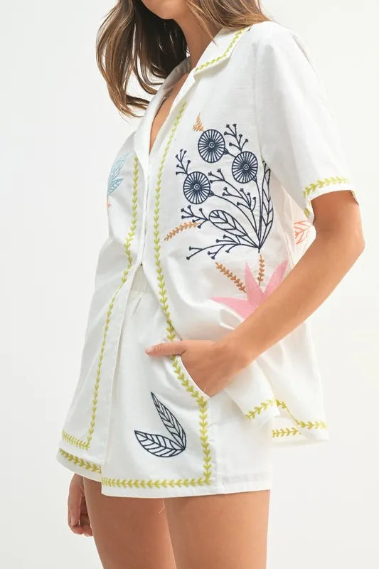 Image of MABLE Embroidered Button Down Shirt and Shorts Set | Queeble.shop