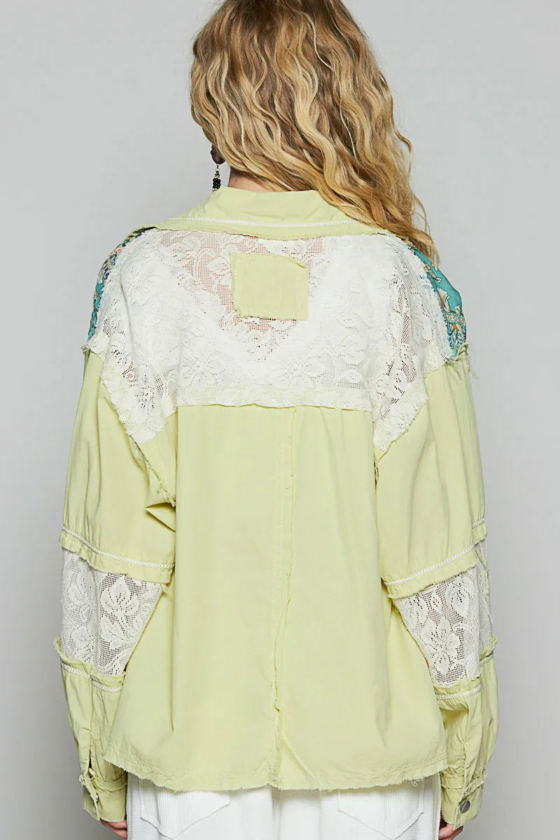 Image of POL Printed Woven Mix Raw Hem Jacket with Lace Detail | Queeble.shop