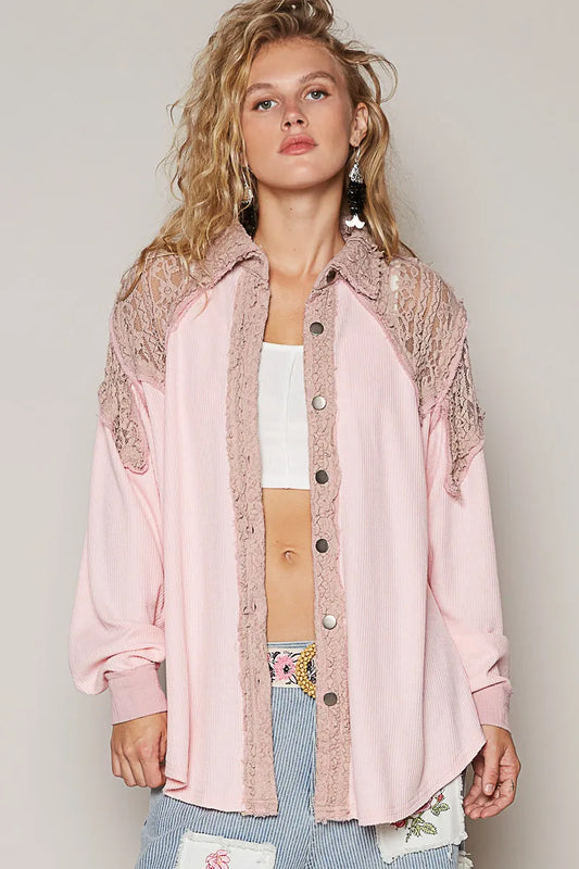 Image of POL Lace Patchwork Button Up Shacket | Queeble.shop