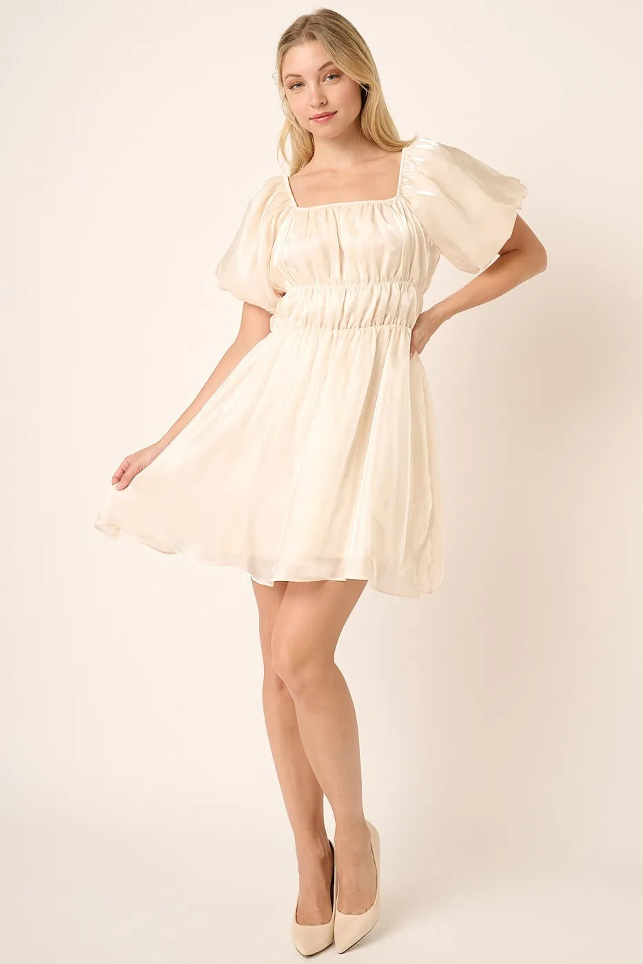 Image of Mittoshop Metallic Organza Fabric Balloon Sleeve Mini Dress | Queeble.shop