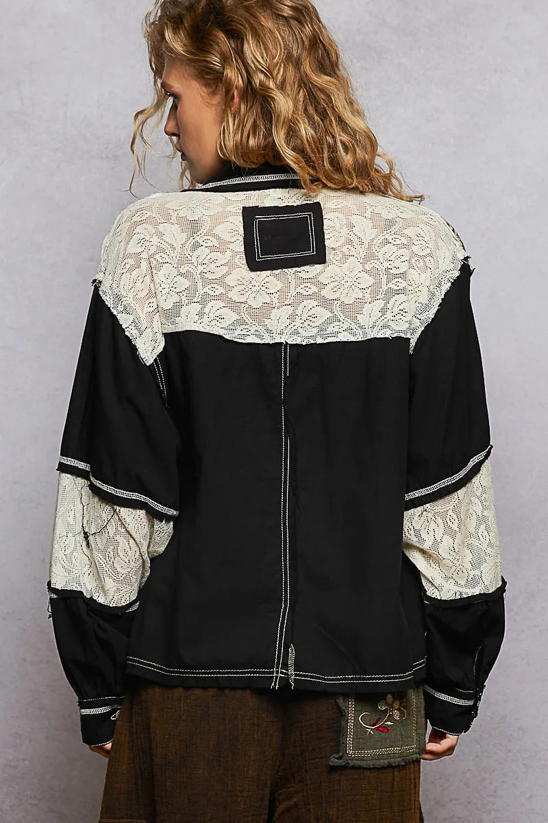 Image of POL Printed Woven Mix Raw Hem Jacket with Lace Detail | Queeble.shop