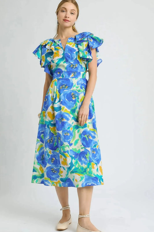 Image of Umgee Floral Ruffled Cap Sleeve Midi Dress | Queeble.shop