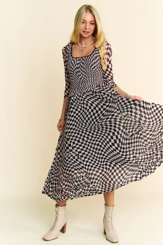 Image of Davi & Dani Printed Checker Mesh Flowy Maxi Dress | Queeble.shop