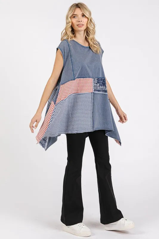 Image of Mittoshop Patchwork Mineral Washed Round Neck Cap Sleeve Top | Queeble.shop