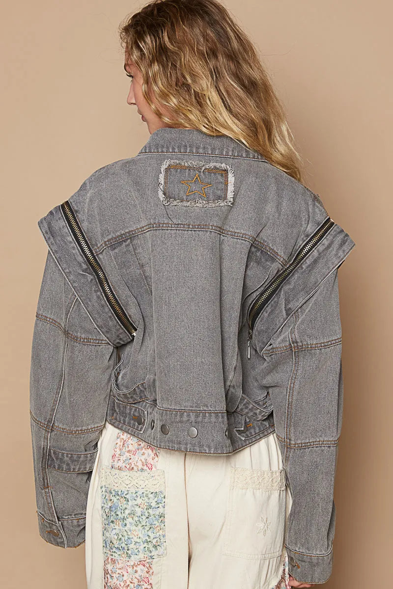 Image of POL Cropped Denim Jacket with Functional Zipper Detail | Queeble.shop