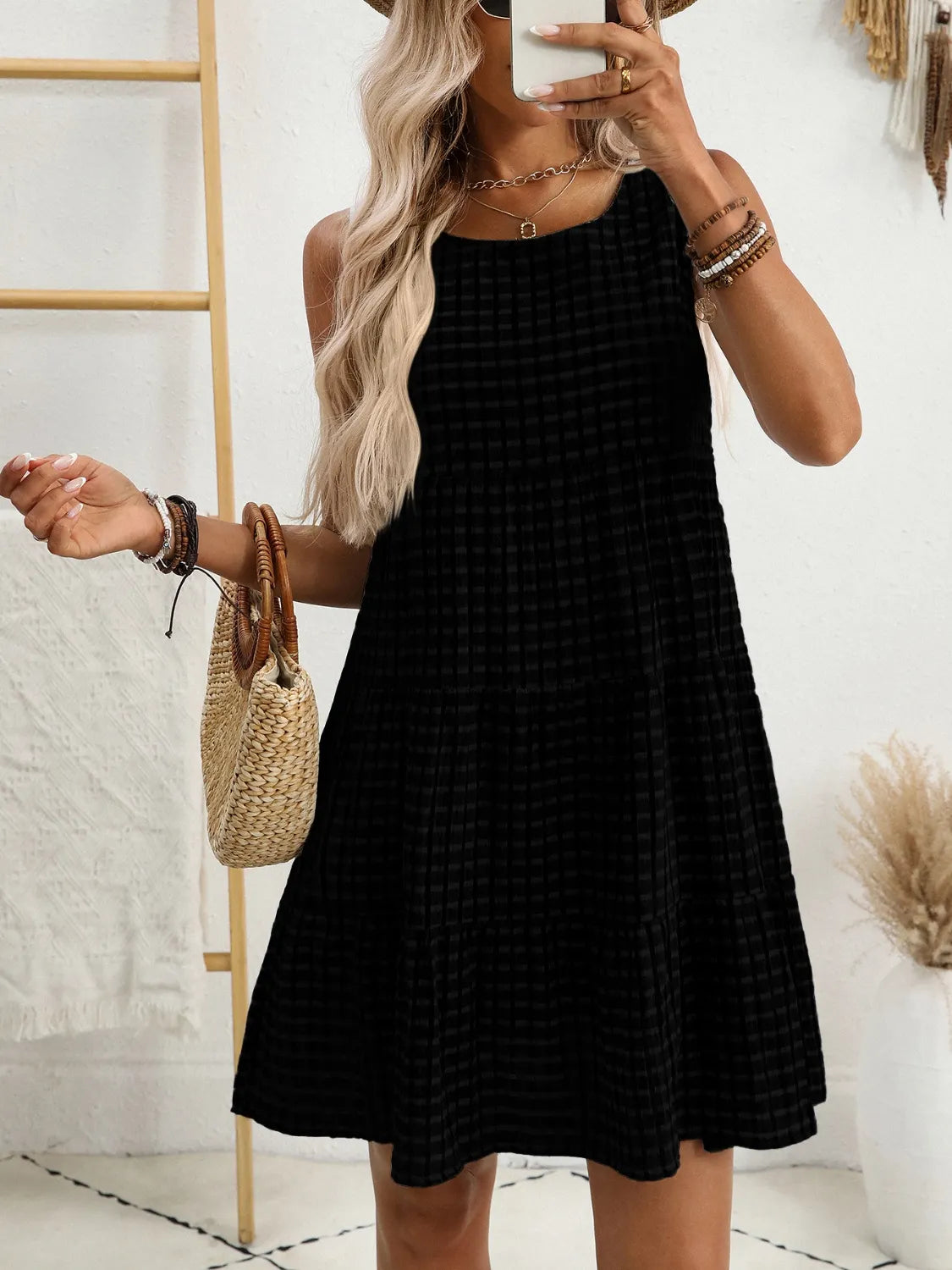 Image of Plaid Round Neck Sleeveless Mini Dress | Queeble.shop
