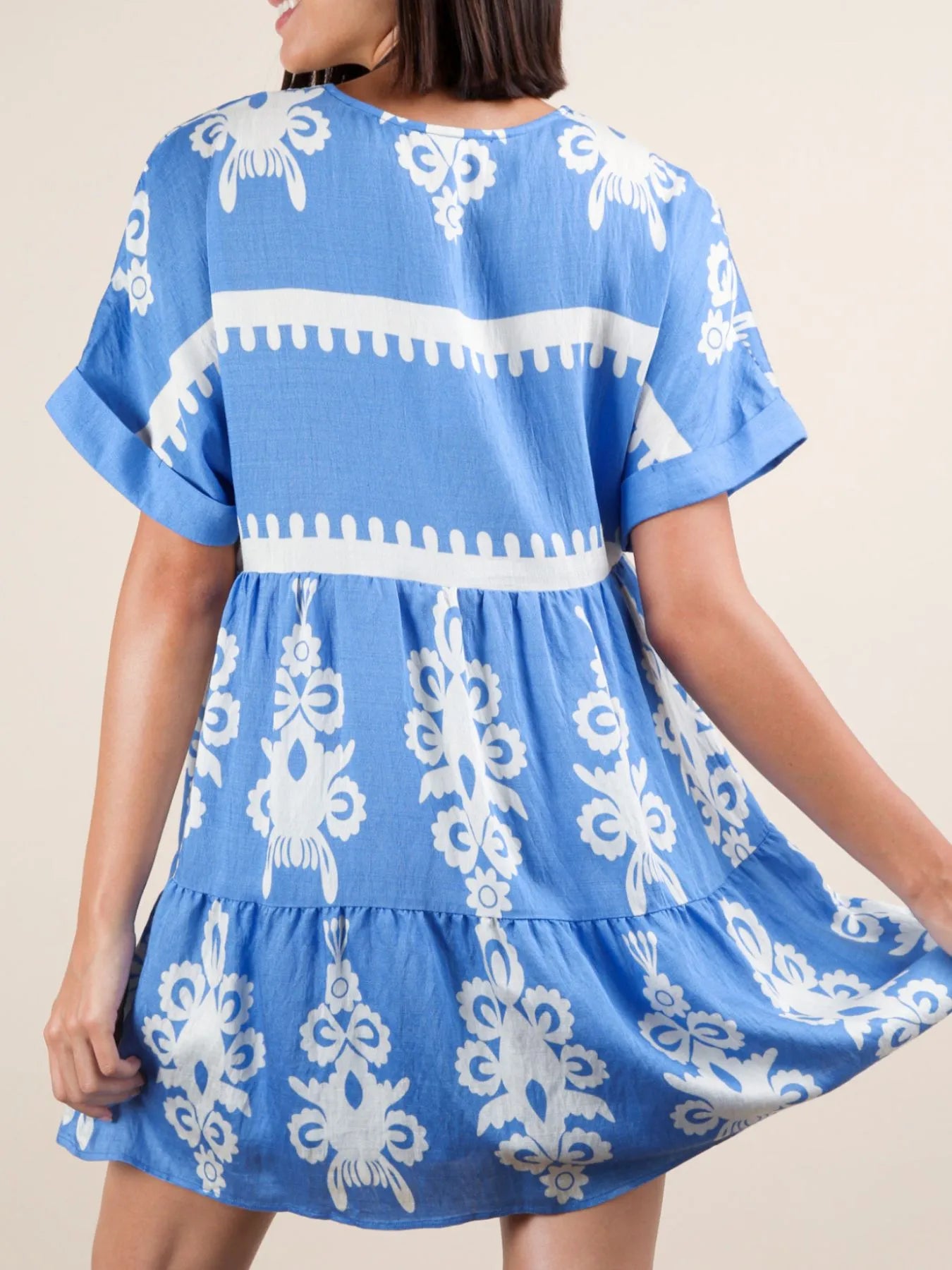 Image of Printed V-Neck Short Sleeve Mini Dress | Queeble.shop