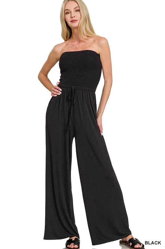 Image of Zenana Strapless Wide Leg Smocked Jumpsuit | Queeble.shop