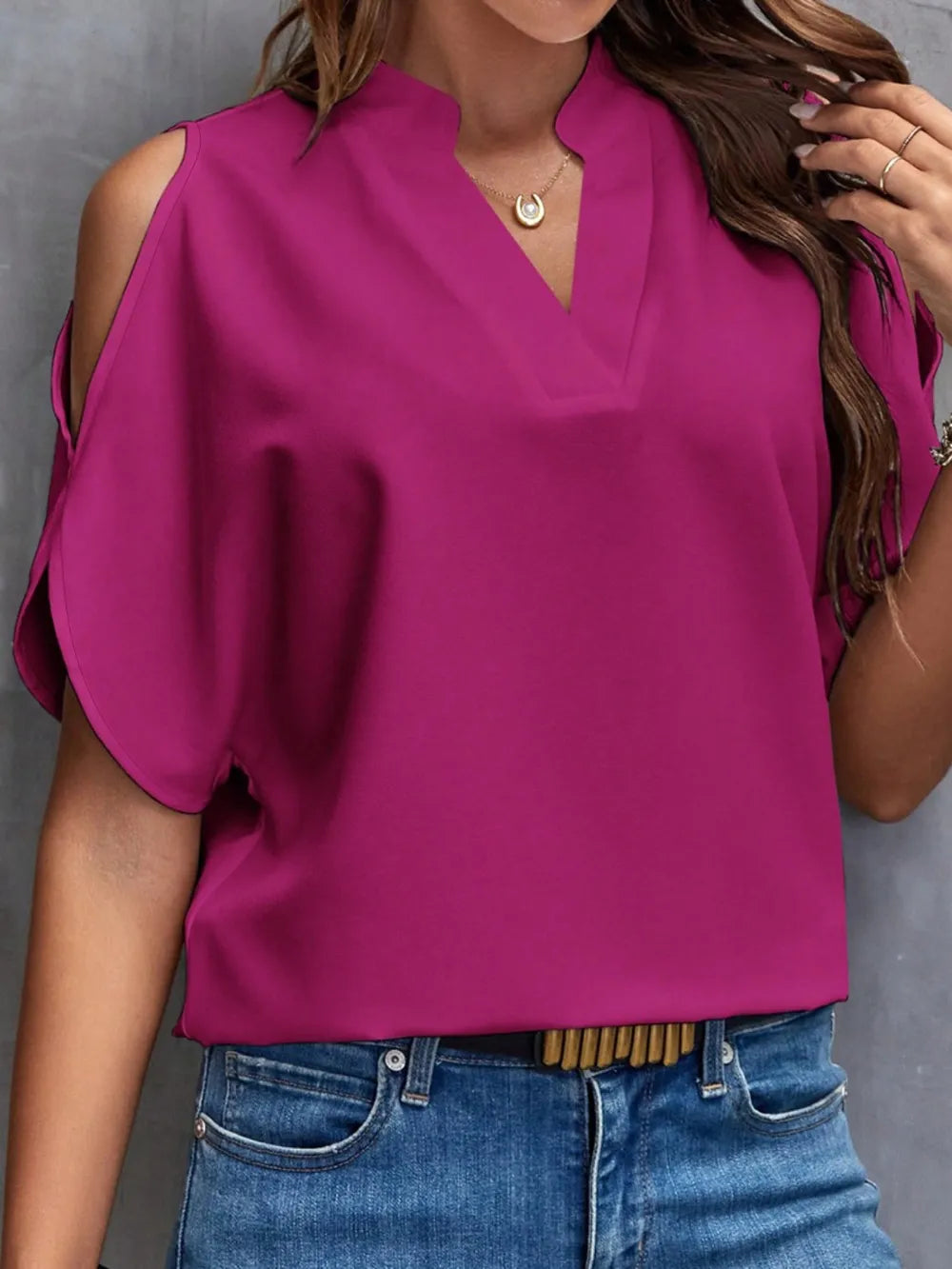 Image of Notched Cold Shoulder Blouse | Queeble.shop