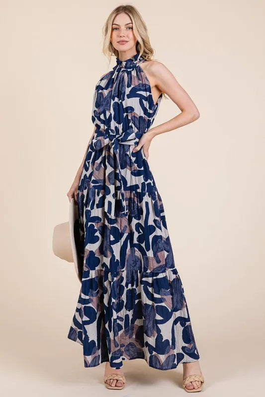 Image of Lime 'N' Chili Abstract Halter Neck Tie-Waist Tiered Maxi Dress | Queeble.shop