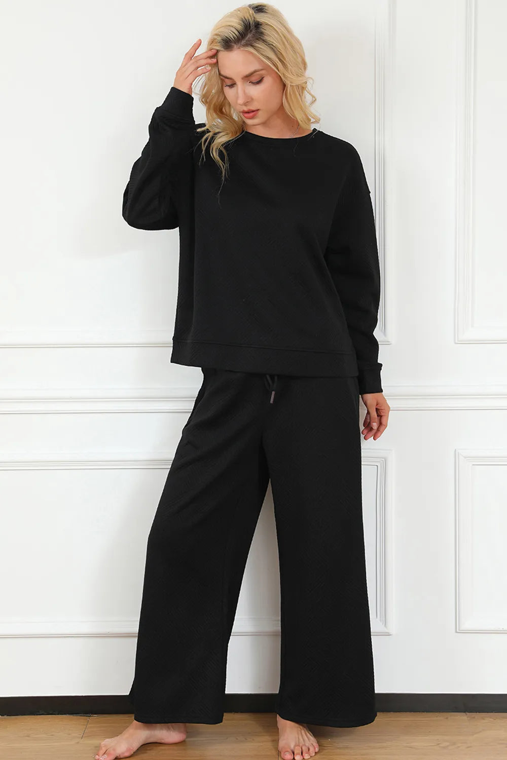 Image of Double Take Full Size Textured Long Sleeve Top and Drawstring Pants Set | Queeble.shop