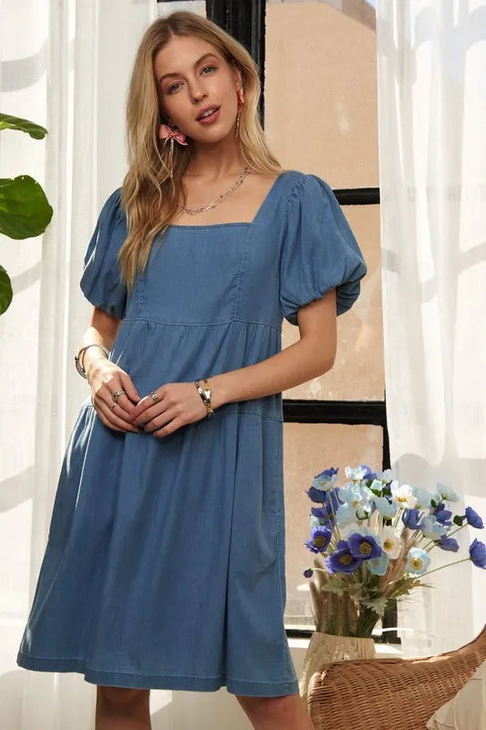 Image of ADORA Square Neck Puff Sleeve Denim Dress | Queeble.shop