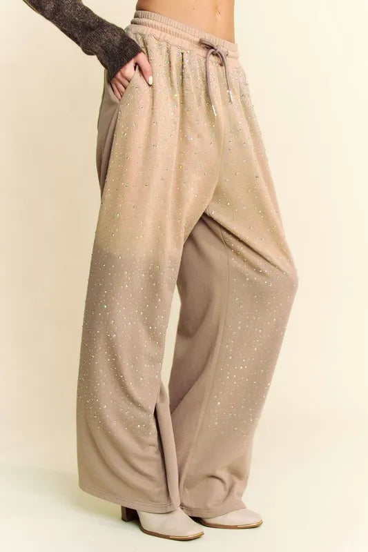 Image of Davi & Dani Rhinestone Drawstring Wide Leg Pants | Queeble.shop