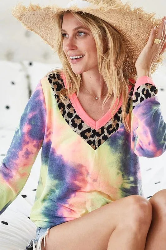 Image of BiBi Tie Dye Terry V-Neck Top | Queeble.shop