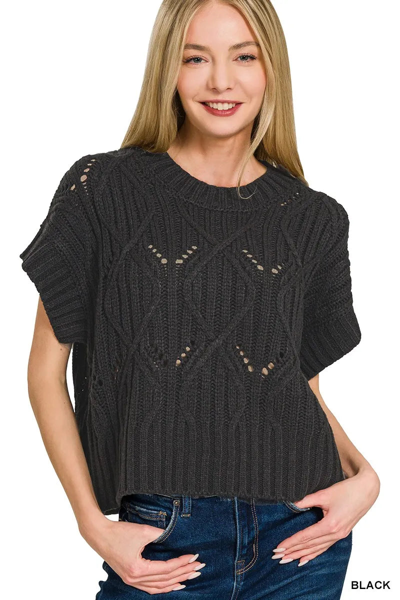 Image of Zenana Cable Knit Short Sleeve Sweater | Queeble.shop