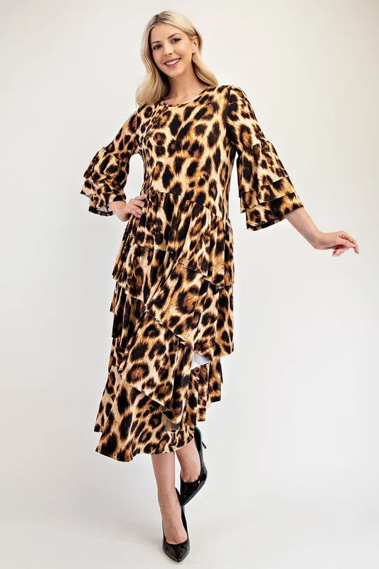 Image of Celeste Full Size Leopard Asymmetrical Ruffle Midi Dress Plus Size | Queeble.shop
