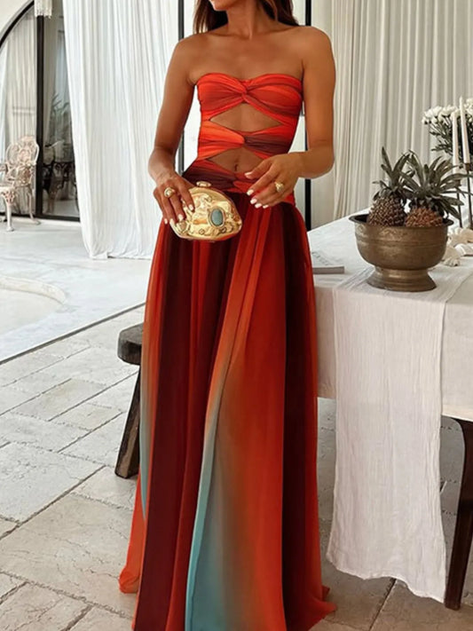 Image of Strapless Cut-Out Rainbow Gradient Maxi Dress | Queeble.shop