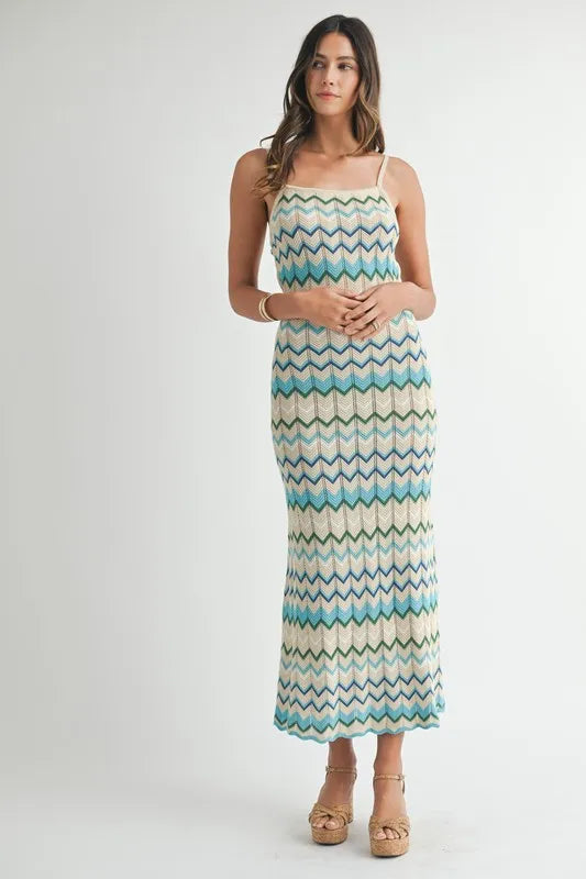 Image of MABLE Lightweight Pointelle Chevron Knit Maxi Dress | Queeble.shop