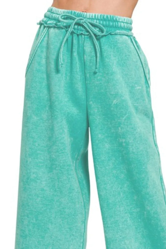 Image of Zenana Acid Wash Fleece Palazzo Sweatpants with Pockets | Queeble.shop