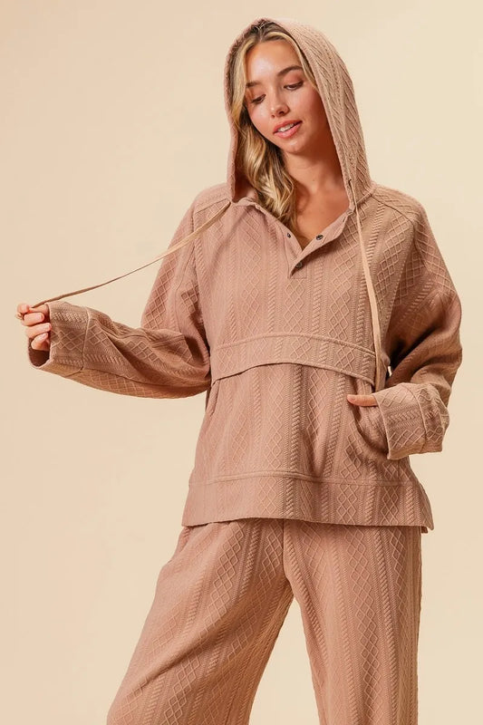 Image of BiBi Textured Knit Buttoned Hoodie Top | Queeble.shop