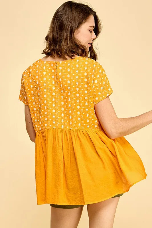 Image of Lime 'N' Chili Embroidered Short Sleeve Pleated Babydoll Top | Queeble.shop