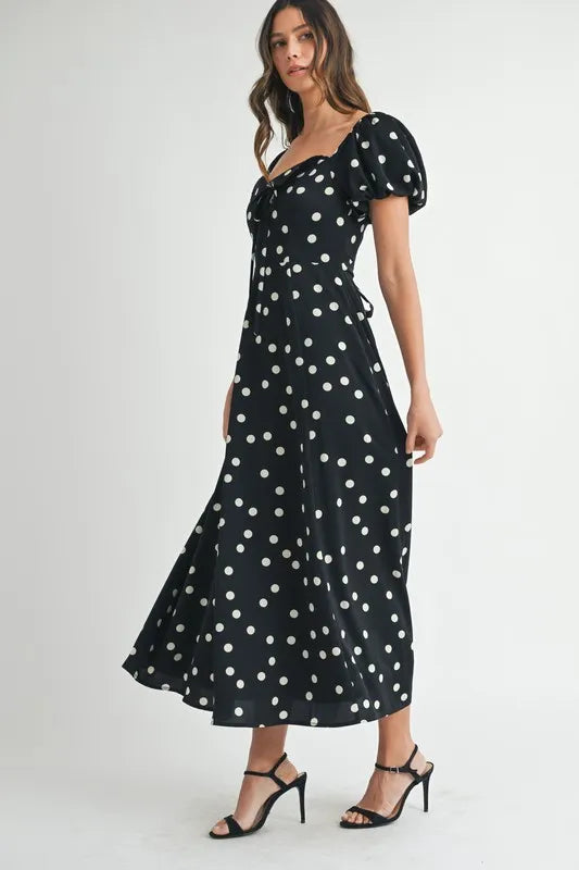 Image of MABLE Polka Dot Puff Sleeve Midi Dress | Queeble.shop