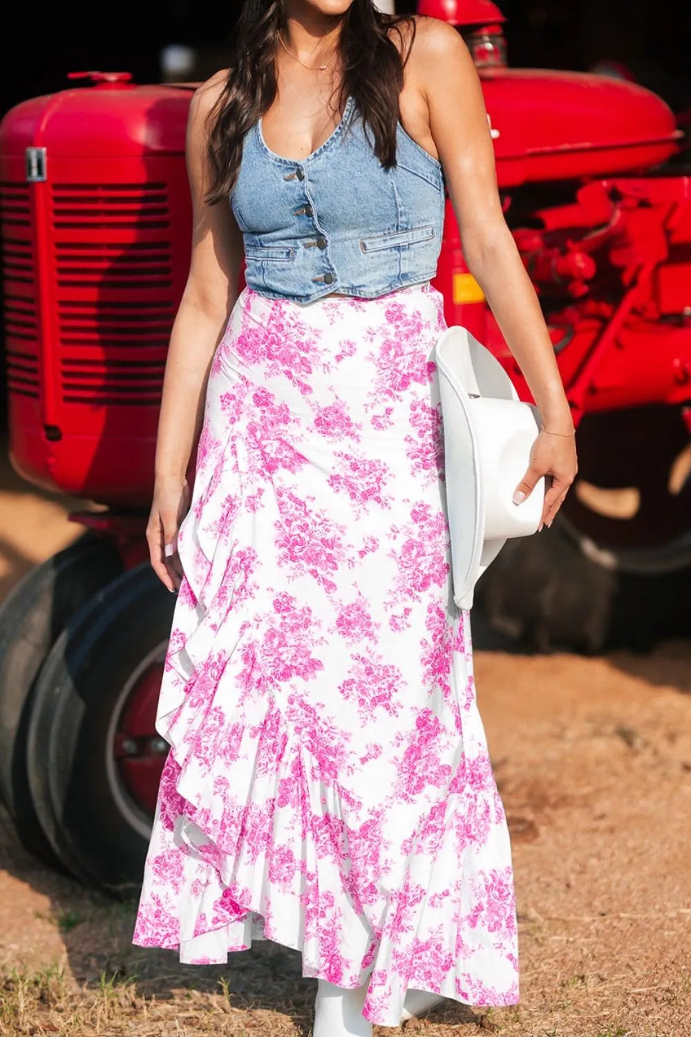 Image of Boho Floral High Waist Ruffle Split Maxi Skirt | Queeble.shop