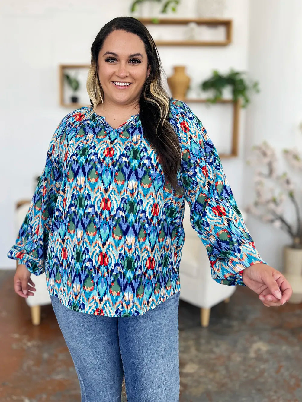 Image of Double Take Full Size Printed Balloon Sleeve Blouse | Queeble.shop
