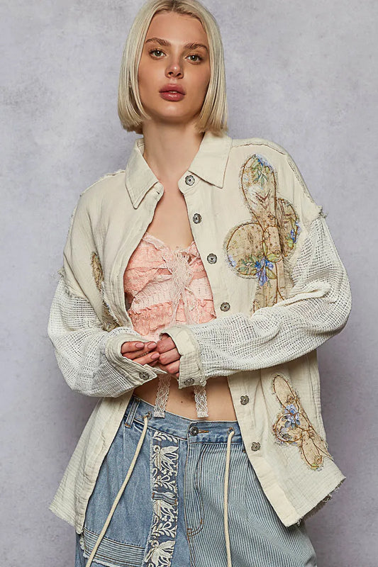 Image of POL Button Down Exposed Seam Flower Print Patch Shirt with Crochet Long Sleeve | Queeble.shop