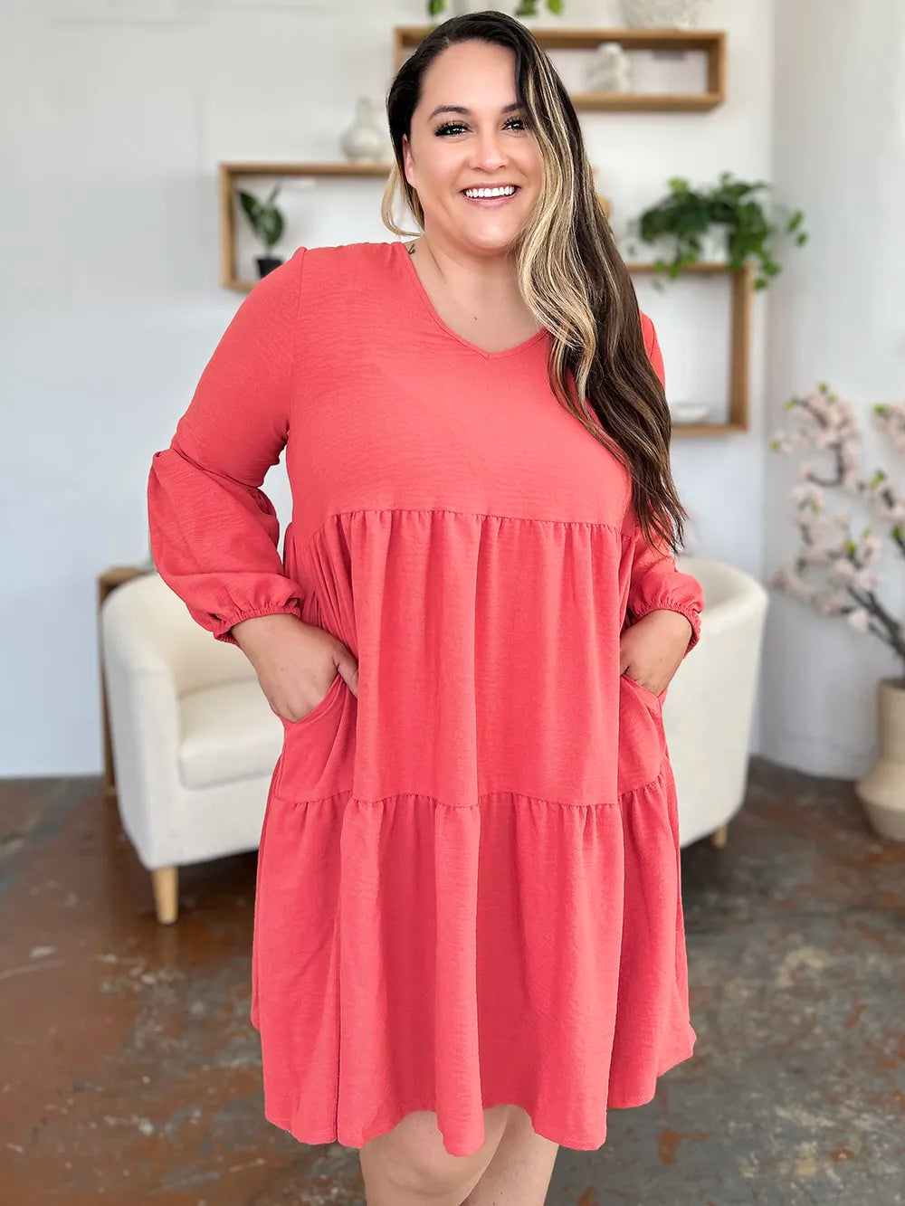 Image of Double Take Full Size V-Neck Balloon Sleeve Tiered Dress with Pockets | Queeble.shop