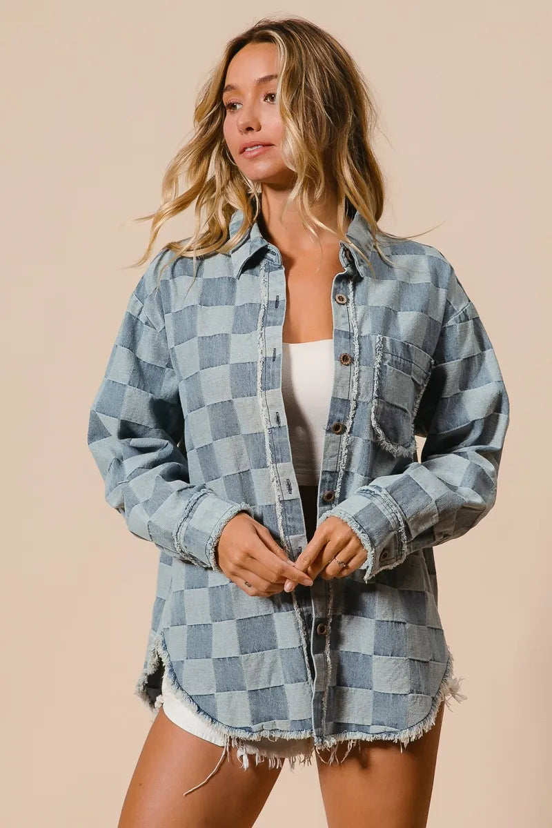 Image of BiBi Frayed Edged Detail Washed Checker Denim Shirt | Queeble.shop