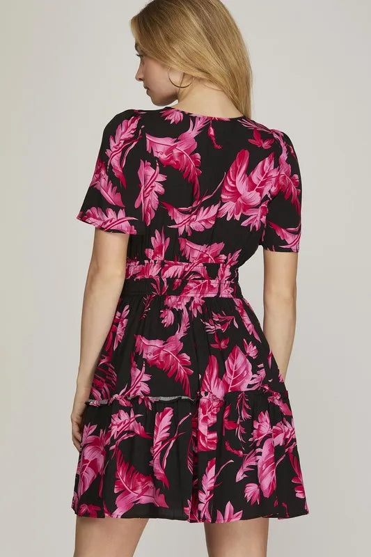 Image of She + Sky Full Size Printed Notched Short Sleeve Frill Tiered Dress Plus Size | Queeble.shop