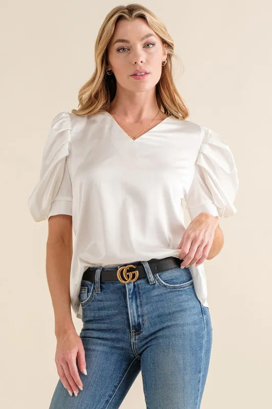Image of And The Why Plain Satin Puff Shirring V Neck Blouse Top | Queeble.shop