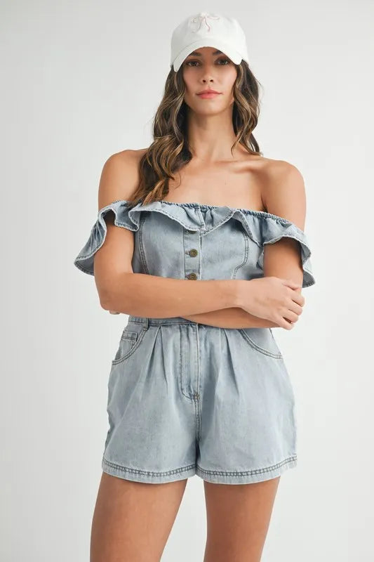 Image of MABLE Off Shoulder Ruffle Detail Denim Romper | Queeble.shop